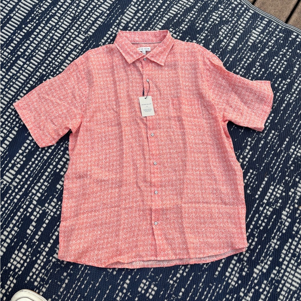 NWT Peter Millar Red/Orange Linen Casual Button Down Shirt